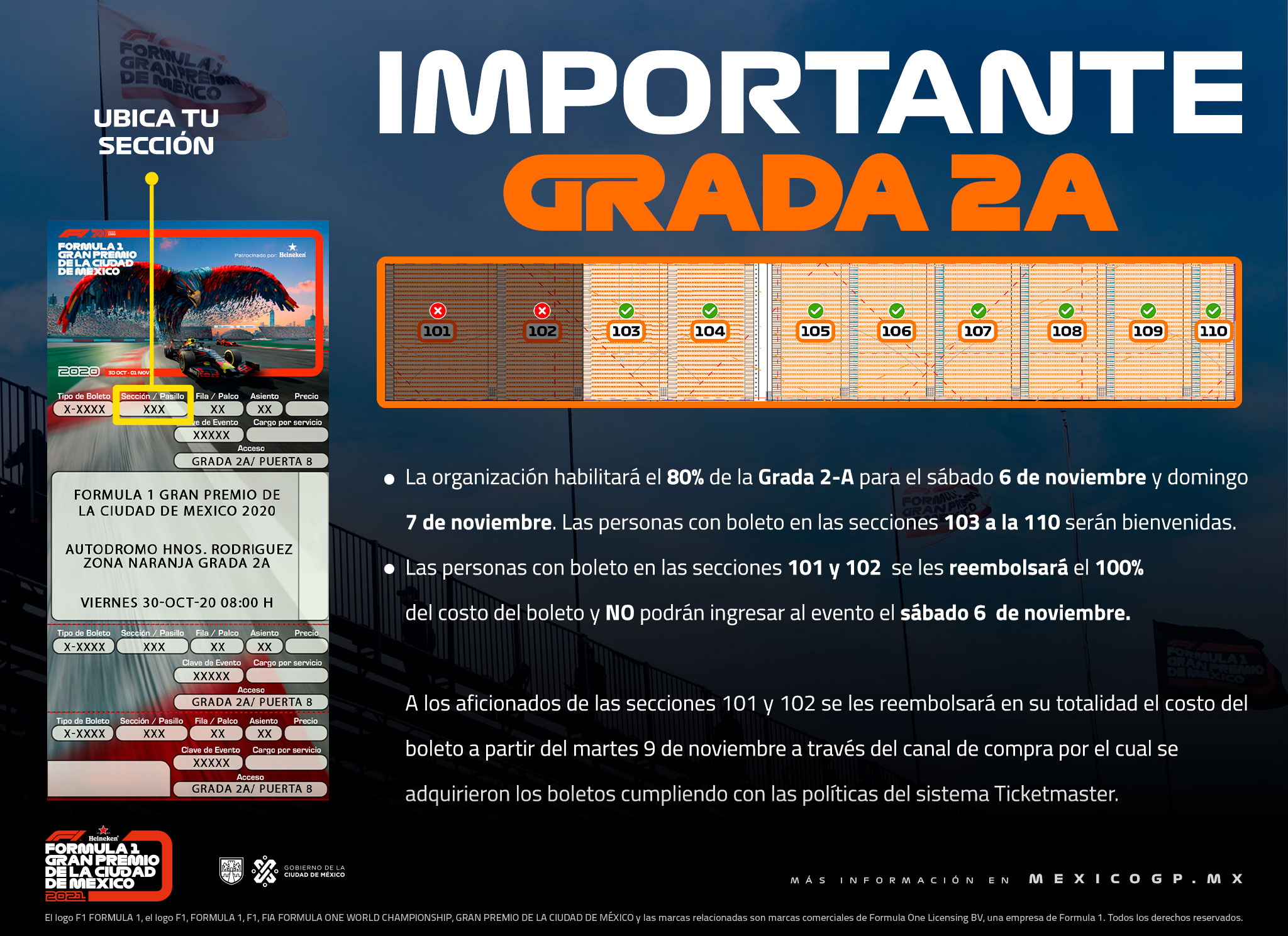 El México GP comparte con los asistentes información importante sobre la Grada 2-A de la Zona Naranja del Autódromo Hermanos Rodríguez